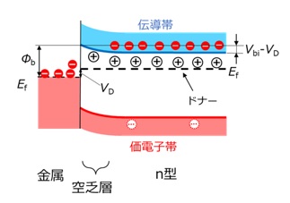 金属、n型半導体接合のn型にマイナスの電圧をかけた場合のバンド図