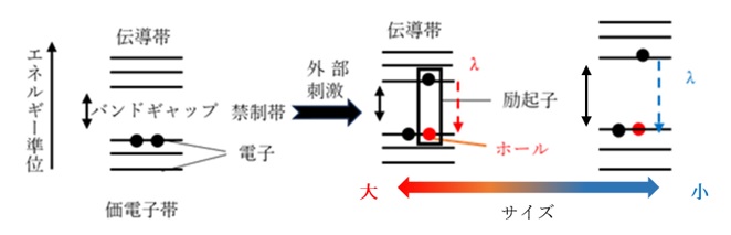 調節可能なバンドギャップとサイズに依存した波長（色）