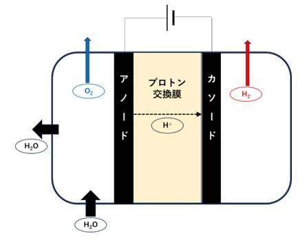 プロトン交換膜型電解（PEMWE）の模式図