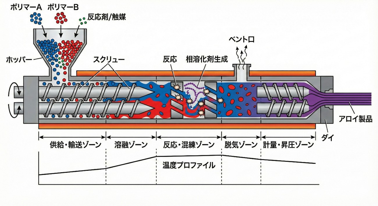 二軸押出機によるリアクティブプロセッシングの概念図