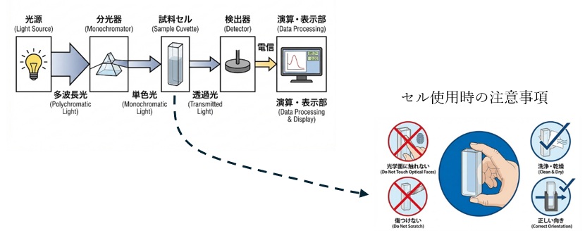 分光光度計の内部構成ブロック図とセルの取り扱い