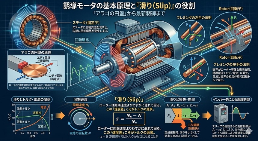 誘導モータの原理図と滑り