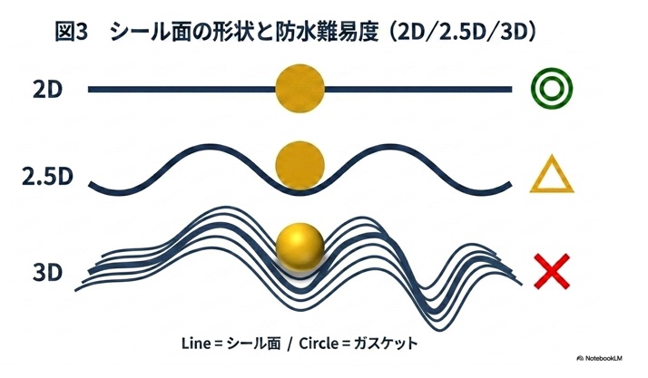 シール面の形状と防水難易度