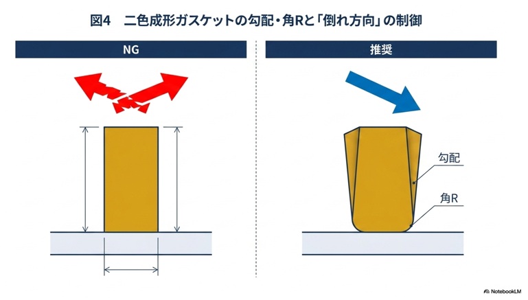 二色成形ガスケットの勾配・角Rと「倒れ方向」の制御