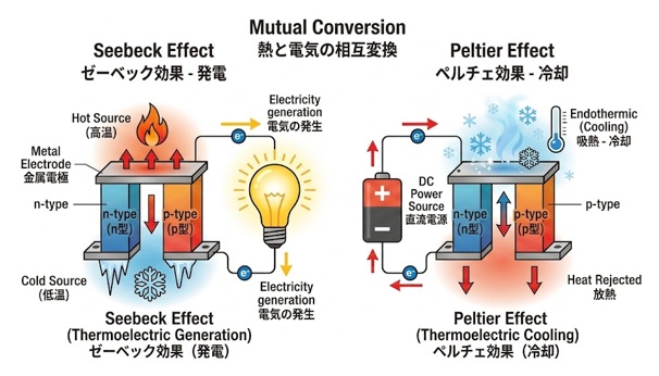 熱電変換の模式図(ゼーベック効果・ペルチェ効果)