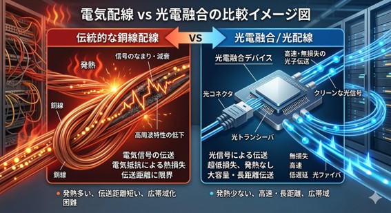 電気配線と光電融合の比較イメージ