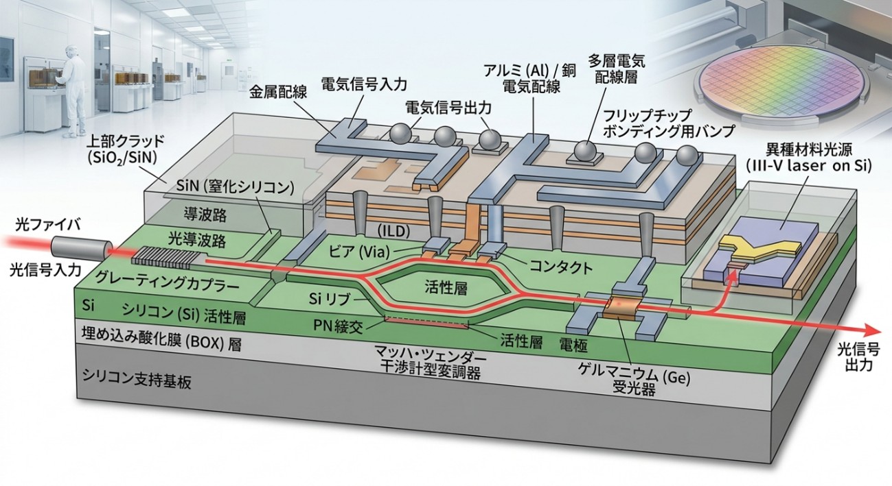 シリコンフォトニクス・チップの断面構造イメージ図