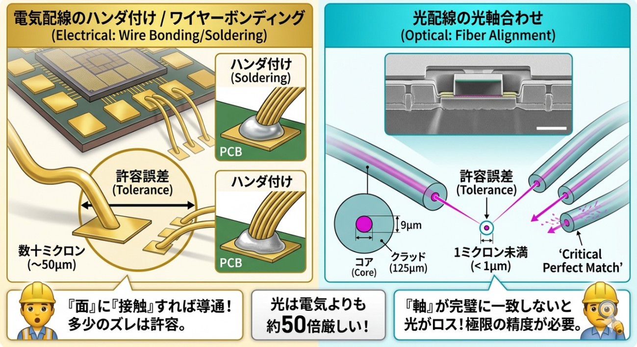 電気配線のハンダ付け vs 光配線の光軸合わせの比較イメージ