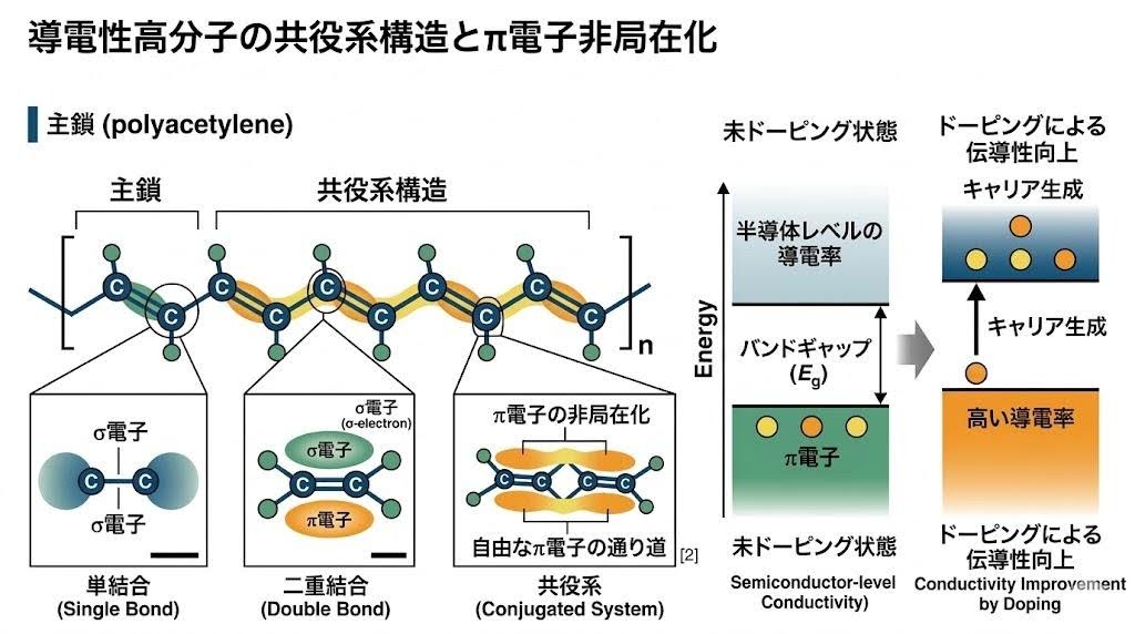導電高分子の「共役系構造」と「π電子の非局在化」